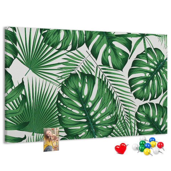 Prikbord met talrijke bladeren van tropische planten in het groen
