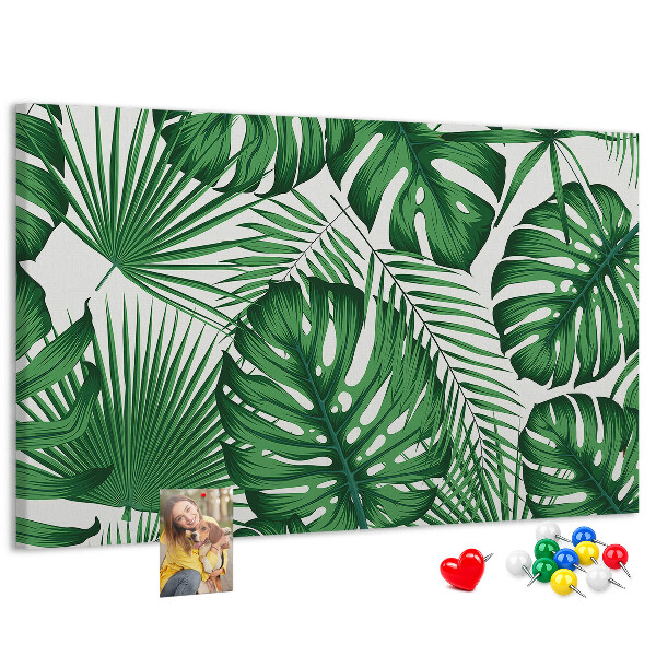 Prikbord met talrijke bladeren van tropische planten in het groen