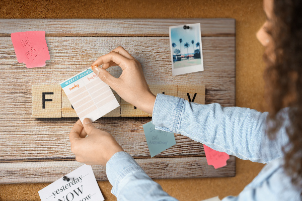Kurkbord met een opdruk van een gezin voor een houten achtergrond