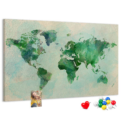 Kurk prikbord met groene aquarel wereldkaart