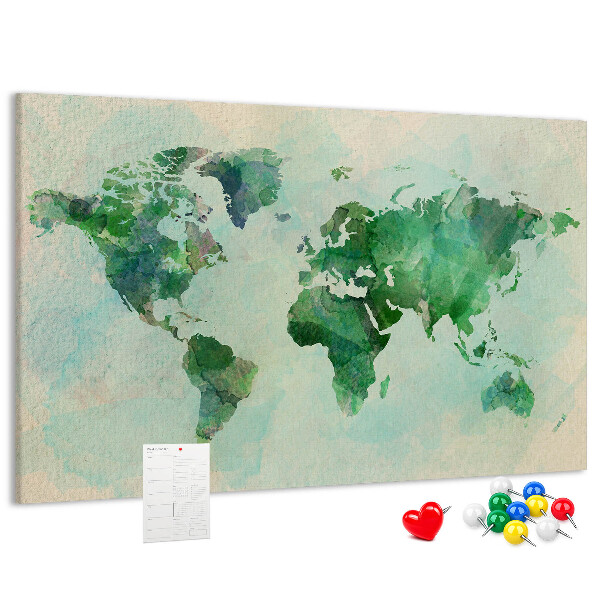 Kurk prikbord met groene aquarel wereldkaart
