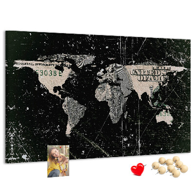 Prikbord met een wereldkaart op een dollarbiljet
