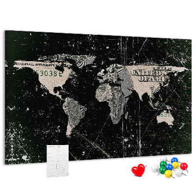 Prikbord met een wereldkaart op een dollarbiljet