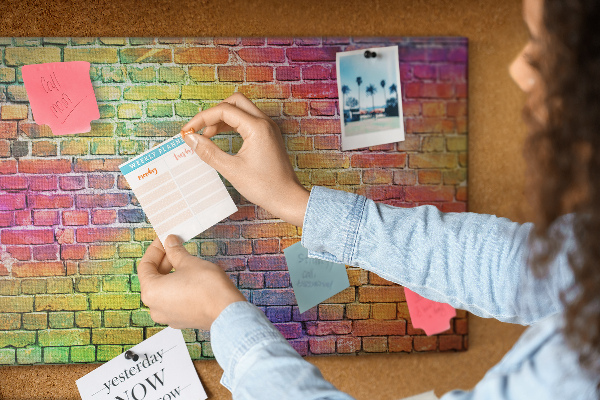 Kurkbord met een kleurrijke bakstenen muur in regenboogkleuren