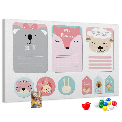 Kurk prikbord met gekleurde briefjes en schattige dieren