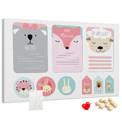 Kurk prikbord met gekleurde briefjes en schattige dieren