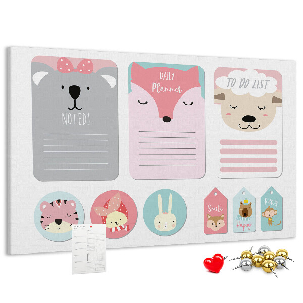 Kurk prikbord met gekleurde briefjes en schattige dieren
