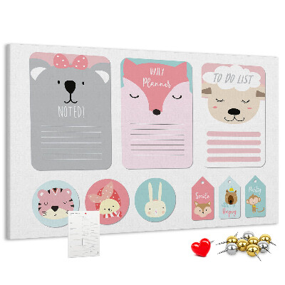 Kurk prikbord met gekleurde briefjes en schattige dieren
