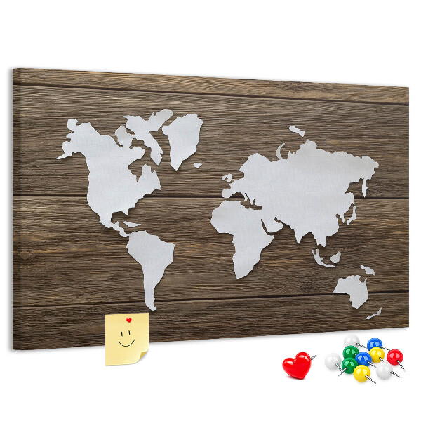 Kurk prikbord met een wereldkaart op een houten achtergrond