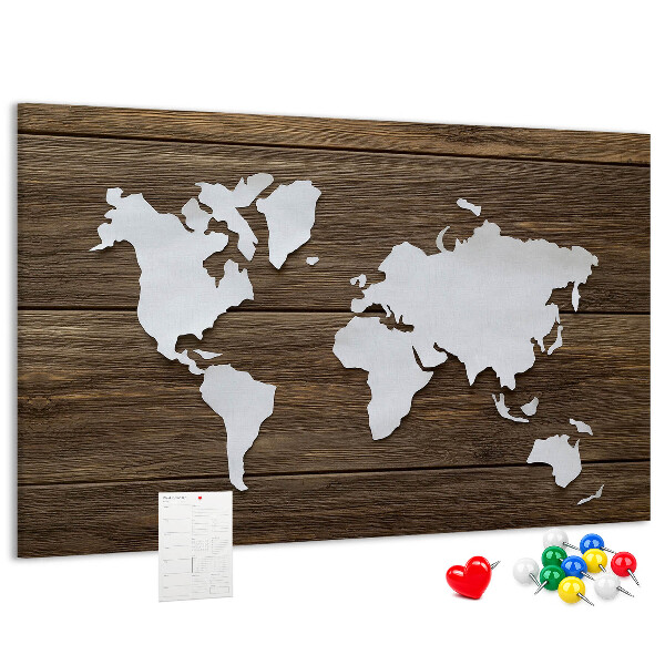 Kurk prikbord met een wereldkaart op een houten achtergrond