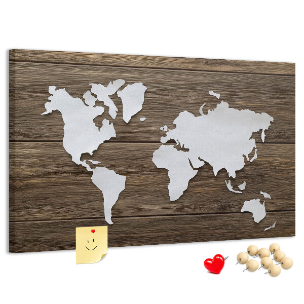 Kurk prikbord met een wereldkaart op een houten achtergrond