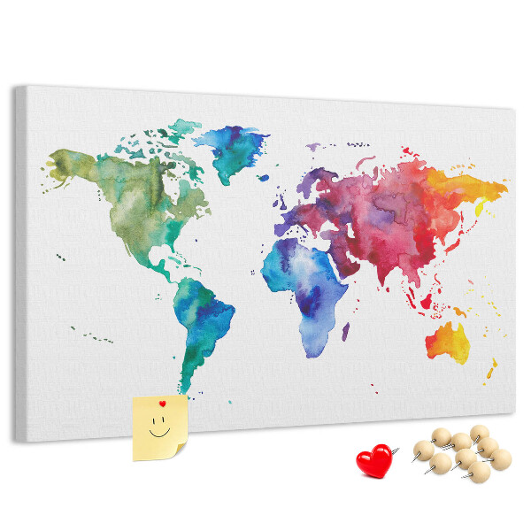 Kleurrijke aquarel wereldkaart prikbord