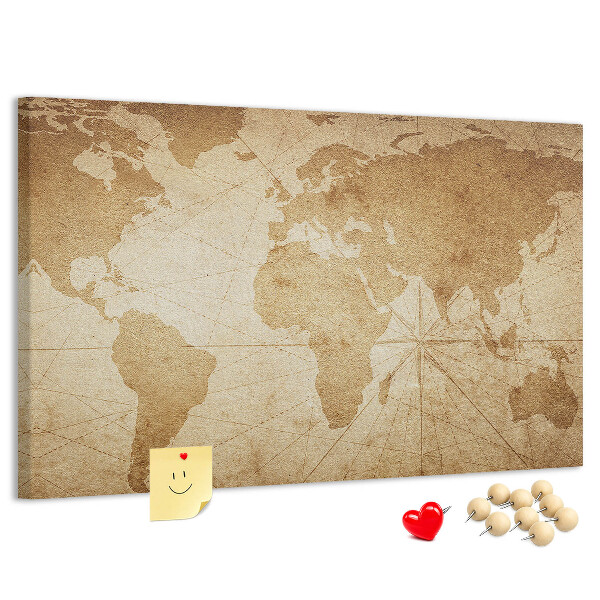 Prikbord met kaart van de oude wereld op een bruine achtergrond