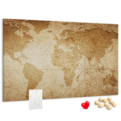 Prikbord met kaart van de oude wereld op een bruine achtergrond