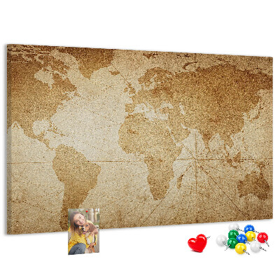 Prikbord met kaart van de oude wereld op een bruine achtergrond