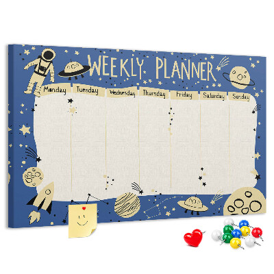 Kurkbord kosmische weekplanner met planeten en sterren