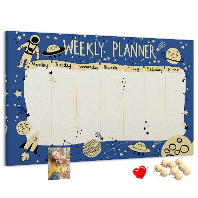 Kurkbord kosmische weekplanner met planeten en sterren