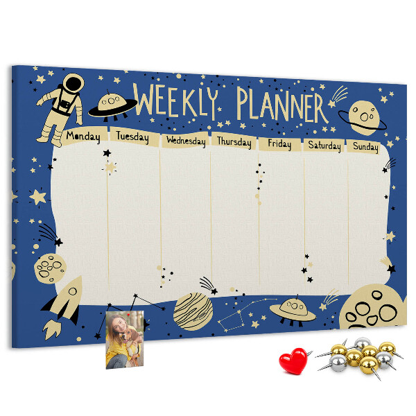 Kurkbord kosmische weekplanner met planeten en sterren
