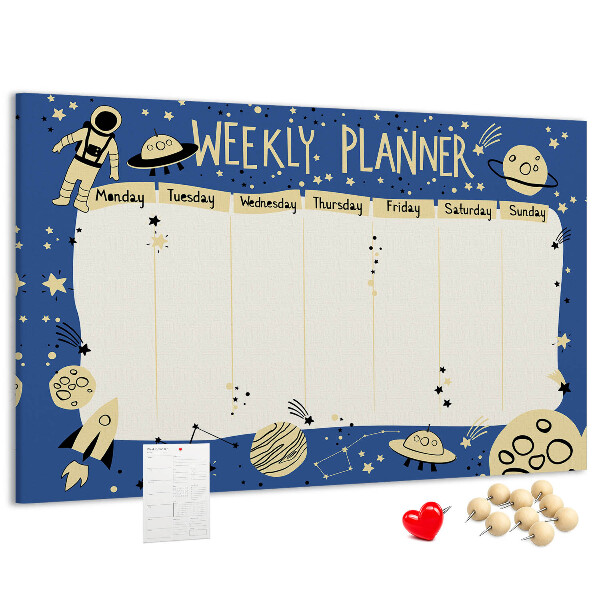 Kurkbord kosmische weekplanner met planeten en sterren