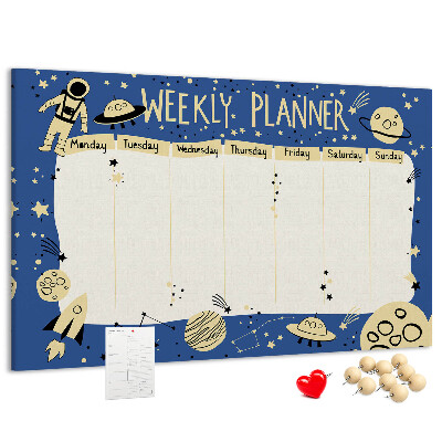 Kurkbord kosmische weekplanner met planeten en sterren