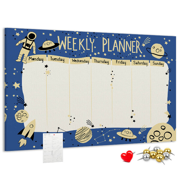 Kurkbord kosmische weekplanner met planeten en sterren