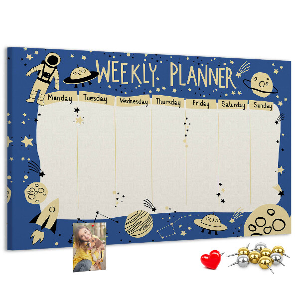 Kurkbord kosmische weekplanner met planeten en sterren