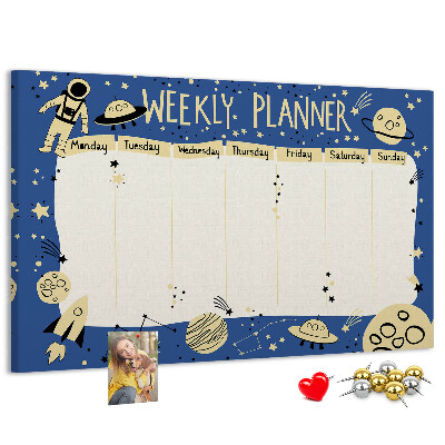 Kurkbord kosmische weekplanner met planeten en sterren