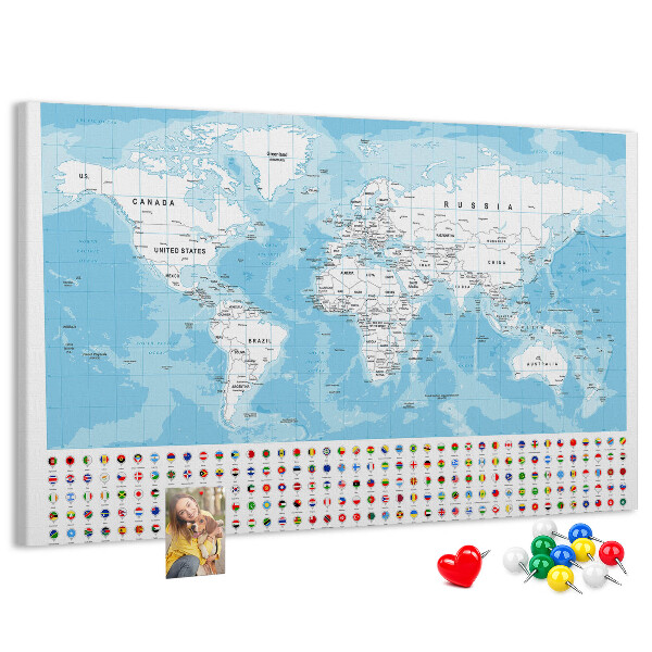 Prikbord wereldkaart met gekleurde spelden