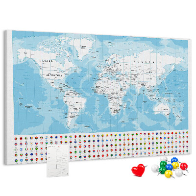 Prikbord wereldkaart met gekleurde spelden