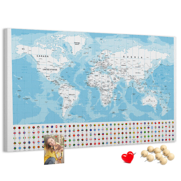 Prikbord wereldkaart met gekleurde spelden