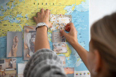 Wereldkaart van kurk met gekleurde spelden