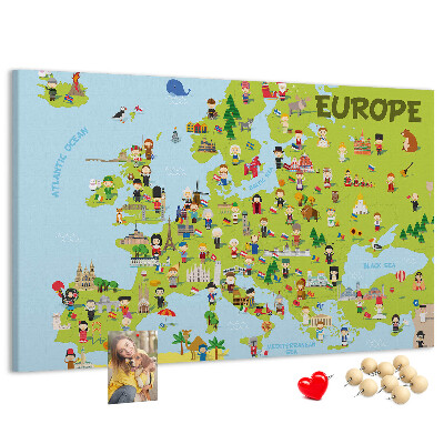 Kurk prikbord met een kleurrijke kaart van Europa inclusief culturele iconen