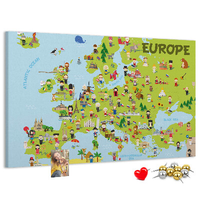 Kurk prikbord met een kleurrijke kaart van Europa inclusief culturele iconen