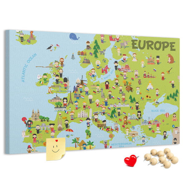 Kurk prikbord met een kleurrijke kaart van Europa inclusief culturele iconen