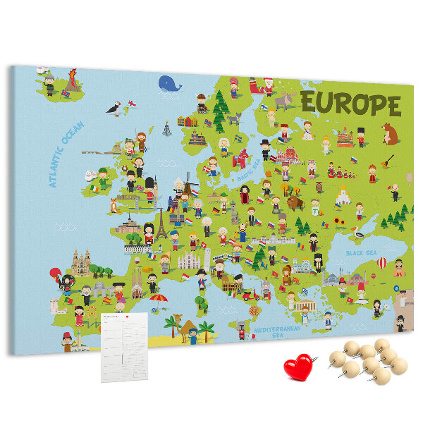 Kurk prikbord met een kleurrijke kaart van Europa inclusief culturele iconen