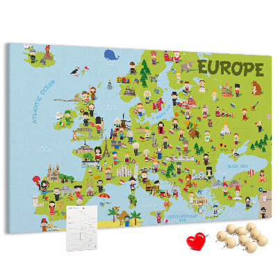 Kurk prikbord met een kleurrijke kaart van Europa inclusief culturele iconen