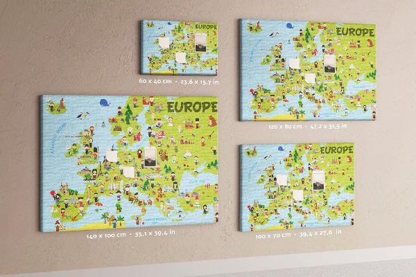 Kurk prikbord met een kleurrijke kaart van Europa inclusief culturele iconen