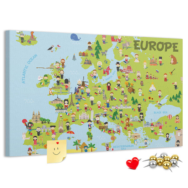 Kurk prikbord met een kleurrijke kaart van Europa inclusief culturele iconen