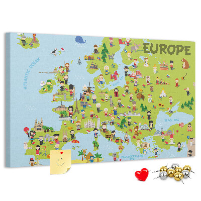 Kurk prikbord met een kleurrijke kaart van Europa inclusief culturele iconen