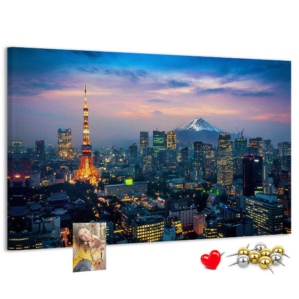 Prikbord zonsondergang boven Tokio met de Fuji op de achtergrond