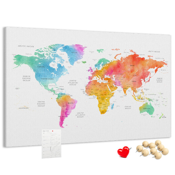 Kurkbord wereldkaart kleurrijke uitvoering in aquarel