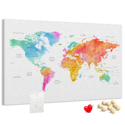 Kurkbord wereldkaart kleurrijke uitvoering in aquarel
