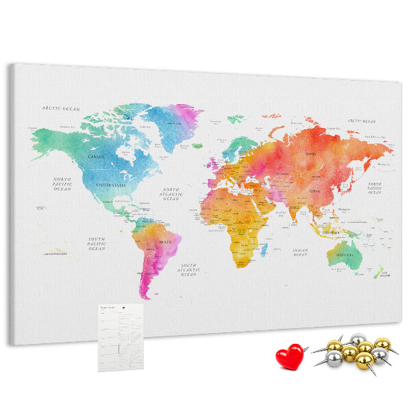 Kurkbord wereldkaart kleurrijke uitvoering in aquarel