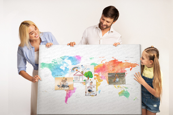 Kurkbord wereldkaart kleurrijke uitvoering in aquarel