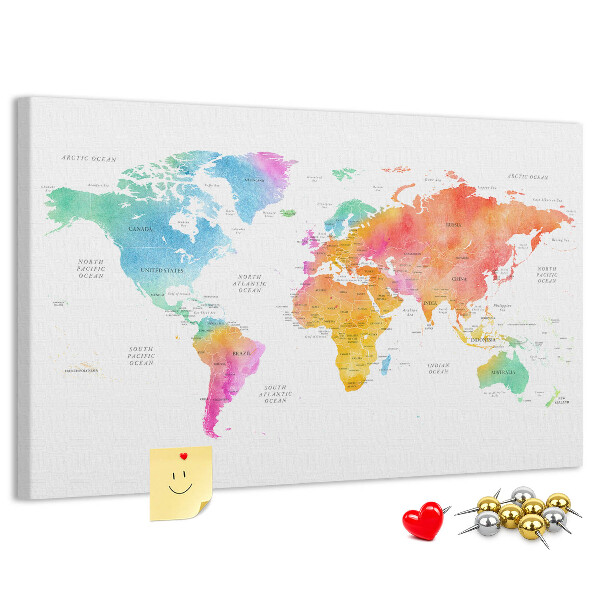 Kurkbord wereldkaart kleurrijke uitvoering in aquarel