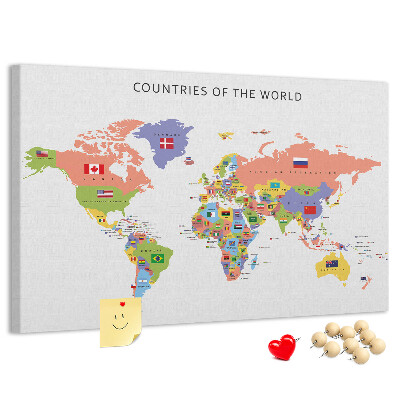 Wereldkaart prikbord met gemarkeerde landen