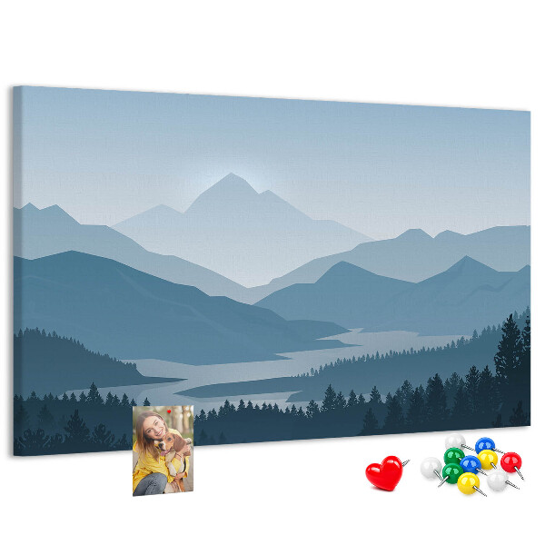 Kurkbord berglandschap in verschillende tinten blauw