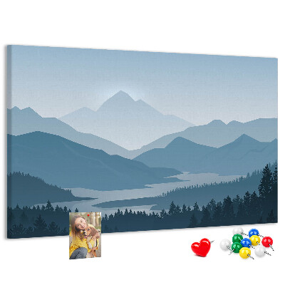 Kurkbord berglandschap in verschillende tinten blauw