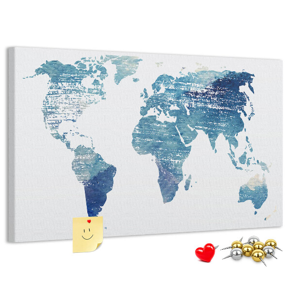 Kurk prikbord met abstracte wereldkaart in blauwe tinten
