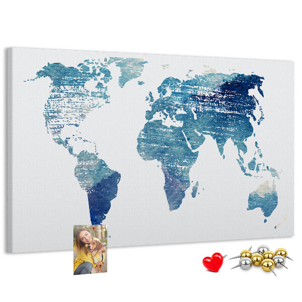 Kurk prikbord met abstracte wereldkaart in blauwe tinten